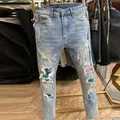 Jean Slim Délavé Bleu Clair pour Homme Pantalon Hip Hop Haute Qualité