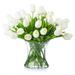 Enova Home Large Artificial Real Touch White Tulip Fake Silk Flowers Arrangement in Clear Glass Vase for Home Wedding Decoration