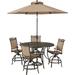 Hanover Fontana 5-Piece High-Dining Set in Tan with 4 Counter-Height Swivel Chairs, 56-in. Cast-top Table, Umbrella