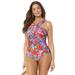 Plus Size Women's High Neck Wrap One Piece Swimsuit by Swimsuits For All in Red Floral (Size 24)