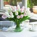 Enova Home Artificial Pink White Real Touch Tulips Fake Silk Flowers Arrangement in Clear Glass Vase for Home Office Decoration