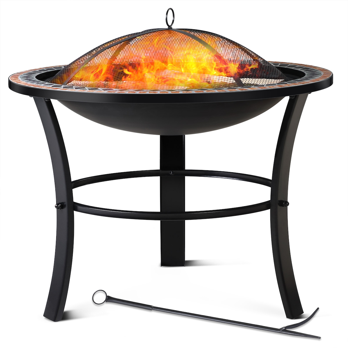 GARDEBRUK® Feuerschale mit Funkenschutz Schürhaken Abdeckung Rost Mosaik Rund 76cm Stahl Feuerstelle Feuerkorb Grill Image