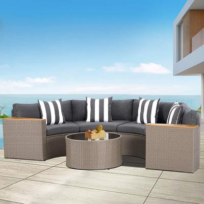 Nuon Outdoor Patio Furniture 5-piece Rattan Wicker Half-Moon Half Round Curved Sofa Sectional Set by Havenside Home