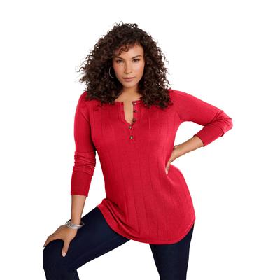 Plus Size Women's Fine Gauge Drop Needle Henley Sweater by Roaman's in Vivid Red (Size S)