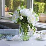 Primrue Artificial Rose Floral Arrangement in Glass Vase Natural Fibers in Blue/White | 14 H x 10 W x 10 D in | Wayfair