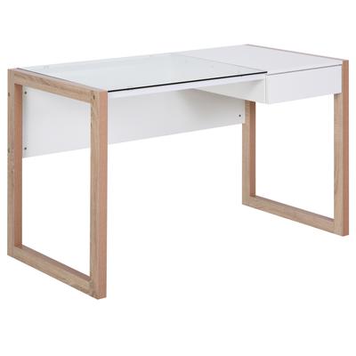 Bureau informatique contemporain tiroir verre aspect bois blanc