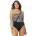 Plus Size Women's One Shoulder Mesh One Piece Swimsuit by Swimsuits For All in Black White Dot (Size 20)