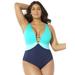 Plus Size Women's Colorblock V-Neck One Piece Swimsuit by Swimsuits For All in Blue (Size 16)