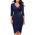 3D ping Women's 3/4 Sleeve V-Neck Pleated Office Pencil Dress Evening Dress Cocktail Party Bodycon Sheath Dress (Small,Navy,S)