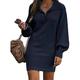 Women Long Sleeve Sweater Dress, Simple Style V Neck with Lapel Solid Color Knitted Long Tops (Navy, Medium)