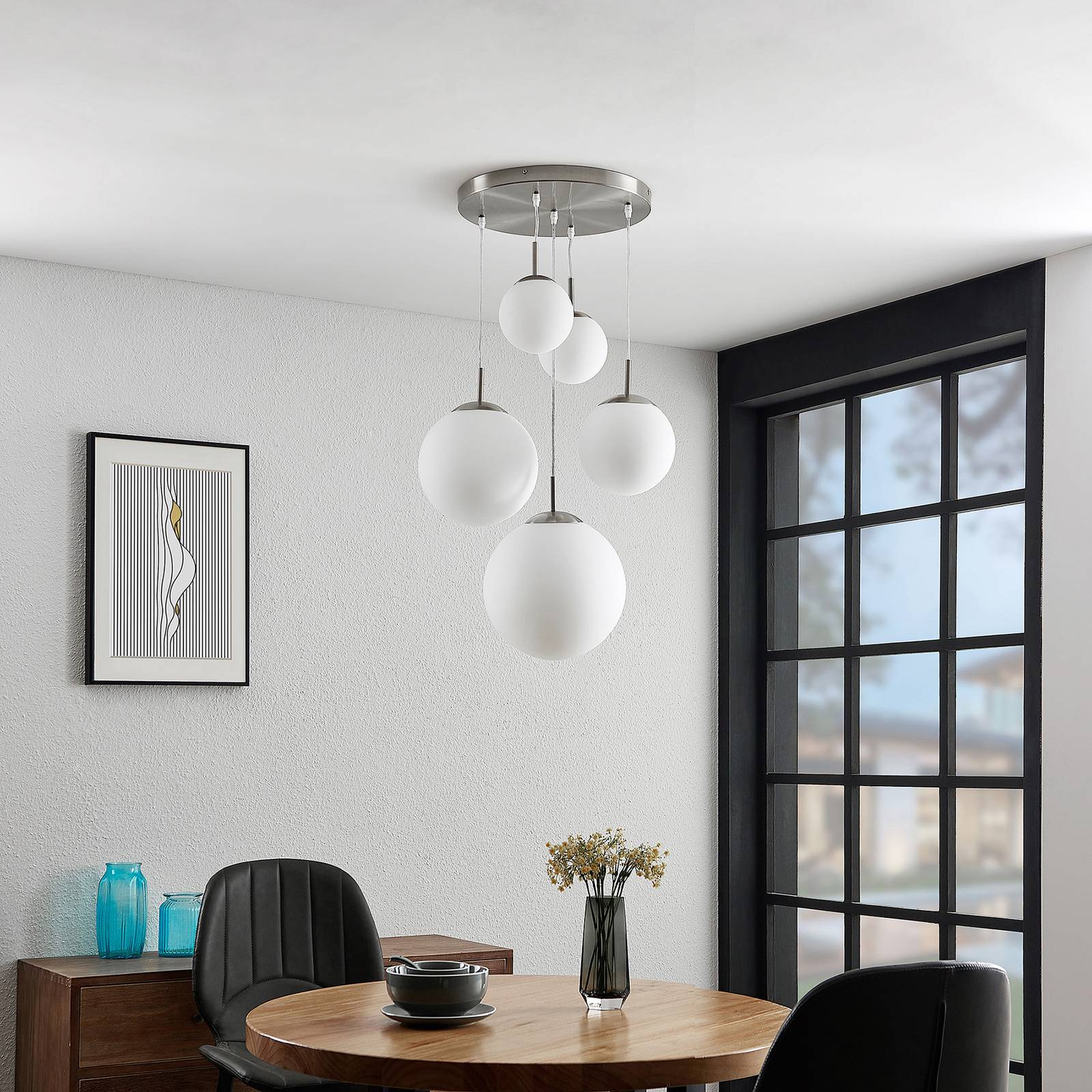 Glas Hängelampe Heleska Lindby, dimmbar, alu / grau / zink, für Wohn- / Esszimmer, Metall, Modern, Pendelleuchte