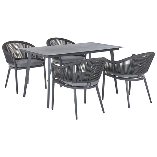 Gartenmöbel Set Grau Aluminium Tisch 140x80 rechteckig in Steinoptik 4 Stühle mit Armlehnen Auflagen Terrasse Outdoor Möbel