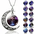 Collier Constellation 12 signes du zodiaque Cabochon en verre croissant de lune pendentif