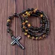 Collier pendentif croix en hématite pour homme onyx noir naturel avec pierre d'oeil de tigre