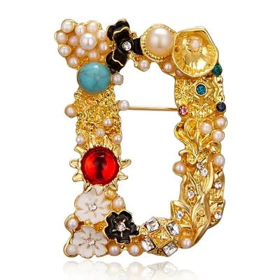 Broches de nom initial exquises pour femmes perle de cristal rétro broche lettre D bijoux de