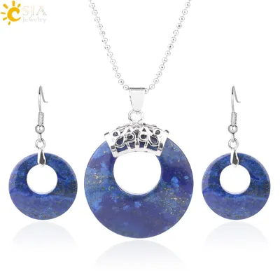 CSAlbaneGem Stone Lapis Jewelry Set pour femme perle ronde creuse pendentif collier boucle