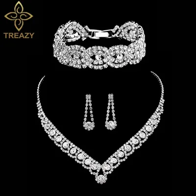 TREAZY – ensembles de bijoux de mariée en cristal de couleur argent pour femmes collier boucles