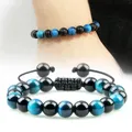 Bracelets de perles en obsidienne noire naturelle pour hommes bijoux tressés réglables guérison
