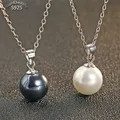 Pendentif en argent regardé 925 pour femme véritable perle de coquillage pur solide blanc noir