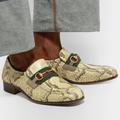 Gucci Shoes | Gucci Bonny Horsebit Webbing-Trimmed Phyton Loafers | Color: Cream/Green | Size: 9