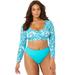 Plus Size Women's Ambition Long Sleeve Cropped Bikini Top by Swimsuits For All in Palm Print (Size 14)