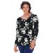 Plus Size Women's Long-Sleeve V-Neck Ultimate Tee by Roaman's in Black Ivory Floral (Size 34/36) Shirt