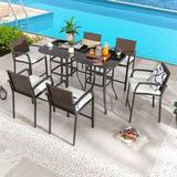 Winston Porter Aban Square 6 - Person 31.5" Long Bar Height Outdoor Dining Set w/ Cushions Glass/Wicker/Rattan in Black | Wayfair