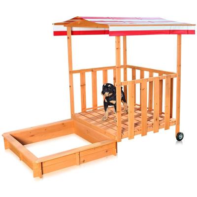 Melko - Sandkasten Sandbox mit Abdeckung und Sonnenschutz aus Holz für Kinder, 182 x 100 x 140, mit Image
