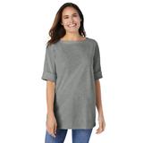 Plus Size Women's Perfect Cuffed Elbow-Sleeve Boat-Neck Tee by Woman Within in Medium Heather Grey (Size 6X) Shirt