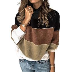 Reukree Womens Turtleneck Sweater Patchwork Jumper Chunky Long Sleeve Knitted Jumper Striped Sweater Ribbed Cuff Casual Knit Pullover Top Khaki Medium