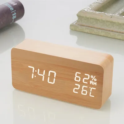 Réveil numérique LED en bois avec commande vocale montre de table heure de répétition affichage