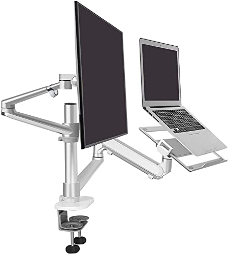 Thingy Club Dual Arm Laptop and Monitor Stand Single Height Adjustable Gas Spring Laptop Arm and Monitor Stand/Holder Swivel Desk Mount Fits 17 to 27 inch Computer Screen (Silver)