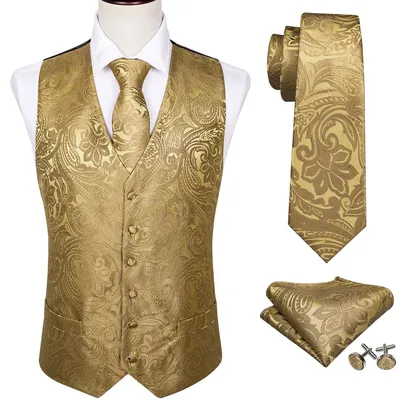 4 pièces gilet en or pour hommes gilet de fête de mariage mouchoir cravate classique Paisley