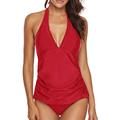 AnnJo Two Piece Swimsuit Sexy V-Neck Ruffle Halter Backless Flyaway Tankini Suit - red - X-Large