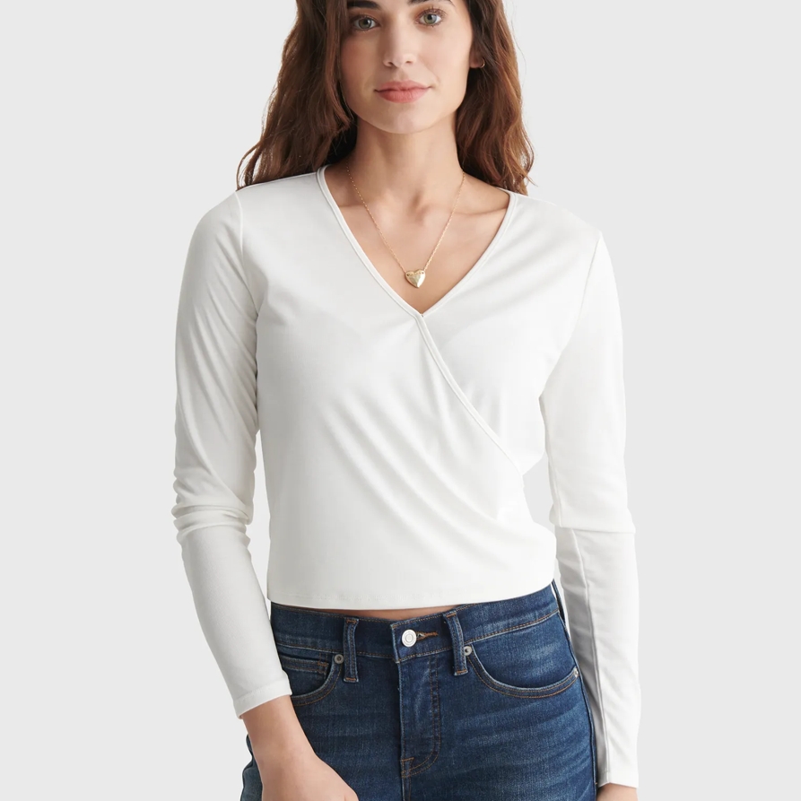 Lucky Brand Long Sleeve Surplice Rib-Knit Top - Women's Clothing Knit Tops Tee Shirts in Marshmallow, Size 2XL