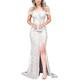 DELEND Women's Sexy Off Shoulder Bridesmaid Dresses Long 2021 Sequins Mermaid with Split Prom Dresses costumed Dress White