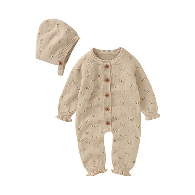 Barboteuse en tricot 100% coton pour bébé fille combinaison à manches longues couleur unie à