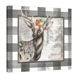 Millwood Pines Buffalo Check: Woodland Deer w/ Holiday Berries - Wrapped Canvas Print Canvas in Green | 12 H x 12 W x 1.5 D in | Wayfair