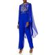 Frock and Frill Women's Embellished Long Sleeve Jumpsuit with Kimono Cape Cocktail Dress, Cobalt Blue, 14