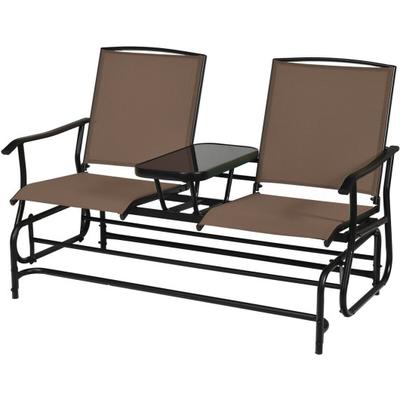 Costway 2-Person Double Rocking Loveseat with Mesh Fabric and Center Tempered Glass Table-Brown