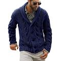 FUERI Mens Cable Knit Cardigan Chunky Knitted Jacket V Neck Shawl Collar Buttoned Knitwear Overcoat Outerwear, Blue, L