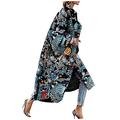 Women Printed Pocket Jacket Plus Size Outerwear Baggy Cardigan Long Sleeve Loose Fit Overcoat Long Trench Coat Blouse Top for Women Festival Clothes Black