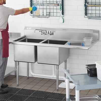 Regency 64 1/2" 16-Gauge Stainless Steel Two Compartment Commercial Sink with Galvanized Steel Legs and 1 Drainboard - 18" x 24" x 14" Bowls - Right Drainboard