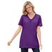 Plus Size Women's Perfect Short-Sleeve Shirred V-Neck Tunic by Woman Within in Radiant Purple (Size M)