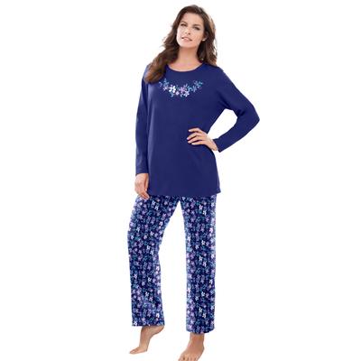 Plus Size Women's Long Sleeve Knit PJ Set by Dreams & Co. in Evening Blue Flowers (Size 42/44) Pajamas