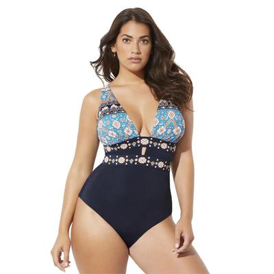 Plus Size Women's Plunge One Piece Swimsuit by Swimsuits For All in Engineered Navy (Size 20)