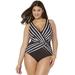 Plus Size Women's Surplice One Piece Swimsuit by Swimsuits For All in Black White Stripe (Size 10)