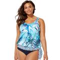 Plus Size Women's Side Tie Blouson Tankini Top by Swimsuits For All in Blue Palm (Size 10)