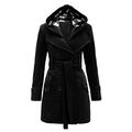 CURT SHARIAH Womens Long Sleeve Belted Button Fleece Coat Hooded Double-Breasted Wool Trench Coat Jacket Black