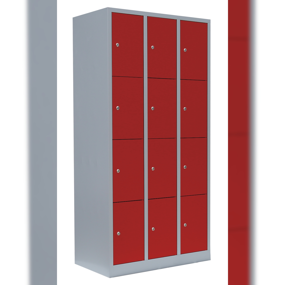 Lüllmann® Schließfachschrank, 3 Abteile, 12 Fächer, 1800 x 885 x 500 mm, lichtgrau/feuerrot Image